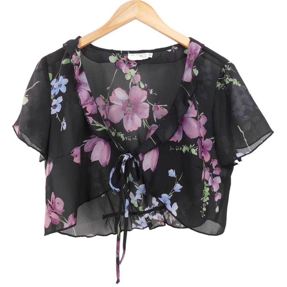 CDC Shrug Women S Black Floral Sheer Tie Front Ruffle Cropped Bolero Cardigan